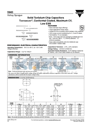 594D100X0-025B2T datasheet - Solid Tantalum Chip Capacitors TANTAMOUNT, Conformal Coated, Maximum CV, Low ESR