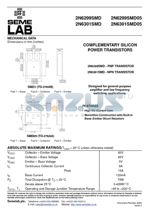 2N6299SMD datasheet - COMPLEMENTARY SILICON POWER TRANSISTORS