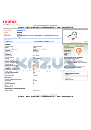 0685608102 datasheet - 8 Circuits Female-to-8 Circuits Female, Ganged RF Cable Assembly 1.0m (3.28 )Length