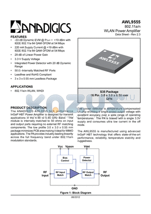 AWL9555 datasheet - 802.11a/n WLAN Power Amplifier