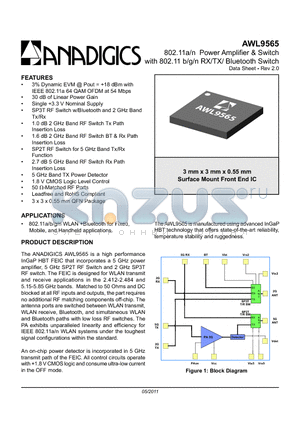 AWL9565 datasheet - 802.11a/n Power Amplifier & Switch with 802.11 b/g/n RX/TX/ Bluetooth Switch
