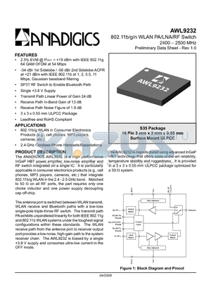 AWL9232RS35P8 datasheet - 802.11b/g/n WLAN PA/LNA/RF Switch 2400 - 2500 MHz