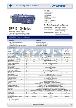 DPP100-24 datasheet - 15-100W, 5-48V Output DIN Rail Mount Power Supplies