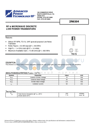 2N6304 datasheet - RF & MICROWAVE DISCRETE LOW POWER TRANSISTORS