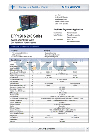 DPP120-12 datasheet - 120W & 240W Single Output DIN Rail Mount Power Supplies