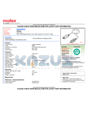 0687690022 datasheet - IEEE 1394B Bilingual 9-pin-to-4-pin Cable Assembly, 2.0m (6.56 ) Length