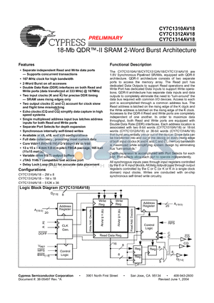 CY7C1310AV18-133BZC datasheet - 18-Mb QDR-II SRAM 2-Word Burst Architecture