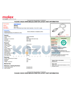 0687690027 datasheet - IEEE 1394B Beta 9-pin-to-9pin Cable Assembly, 1.0m (3.28 ) Length