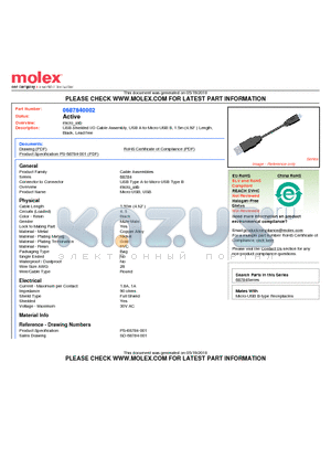 0687840002 datasheet - USB Shielded I/O Cable Assembly, USB A-to-Micro-USB B, 1.5m (4.92 ) Length