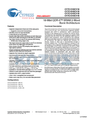 CY7C1310CV18-167BZI datasheet - 18-Mbit QDR-II SRAM 2-Word Burst Architecture