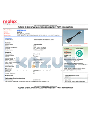 0687860004 datasheet - HDMI Type D-to-Type A Cable Assembly, CAT 2, AWG 34, 0.1m (3.94