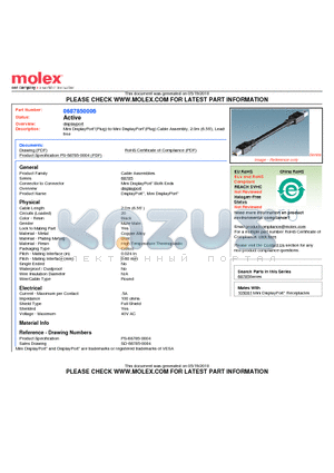 0687850006 datasheet - Mini DisplayPort(Plug)-to-Mini DisplayPort*(Plug) Cable Assembly, 2.0m (6.56), Leadfree