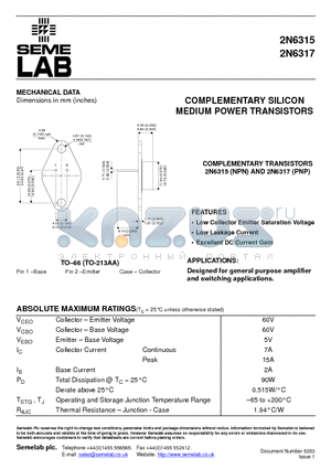 2N6315 datasheet - COMPLEMENTARY SILICON