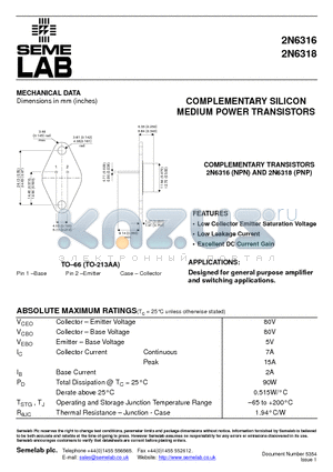2N6316 datasheet - COMPLEMENTARY SILICON