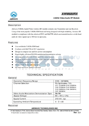 AWM680RX datasheet - 5.8GHz Video/Audio RF Module