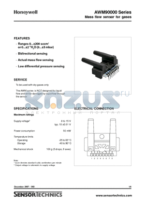 AWM92100V datasheet - Mass flow sensor for gases