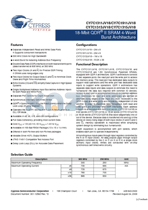 CY7C1311JV18 datasheet - 18-Mbit QDR II SRAM 4-Word Burst Architecture