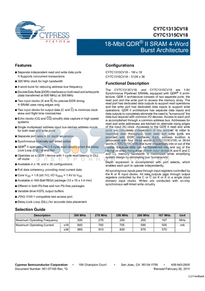 CY7C1311CV18-250BZC datasheet - 18-Mbit QDR^ II SRAM 4-Word Burst Architecture