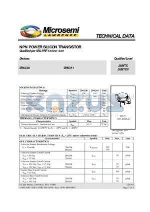 2N6341 datasheet - NPN POWER SILICON TRANSISTOR