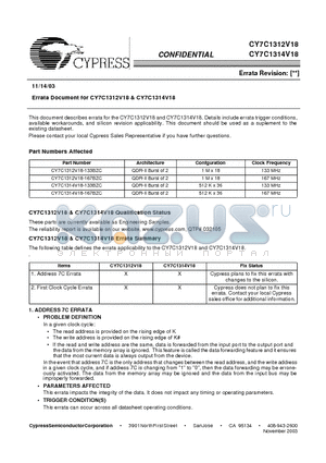 CY7C1312V18-133BZC datasheet - Errata Document for CY7C1312V18 & CY7C1314V18