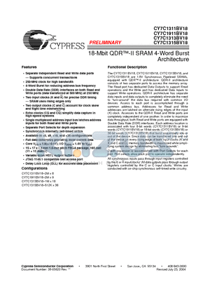 CY7C1313BV18-200BZC datasheet - 18-Mbit QDR-II SRAM 4-Word Burst Architecture