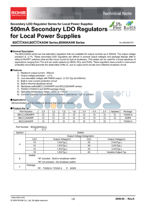 BD00KA5F datasheet - 500mA Secondary LDO Regulators for Local Power Supplies