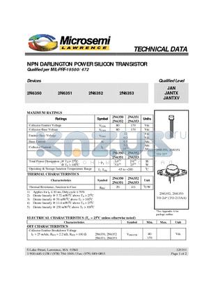 2N6351 datasheet - NPN DARLINGTON POWER SILICON TRANSISTOR