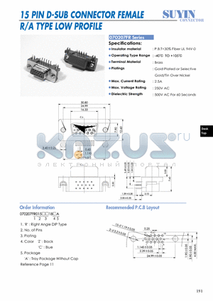070207FR datasheet - 15 PIN D-SUB CONNECTOR FEMALE R/A TYPE LOW PROFILE