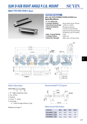 070212FR datasheet - SLIM D-SUB RIGHT ANGLE P.C.B. MOUNT