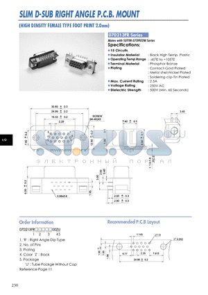 070213FR datasheet - SLIM D-SUB RIGHT ANGLE P.C.B. MOUNT