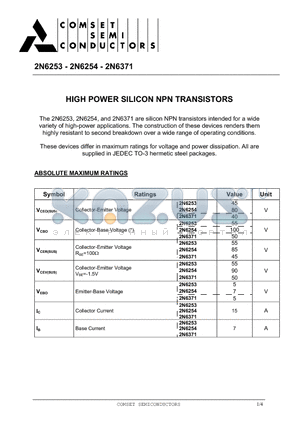 2N6371 datasheet - HIGH POWER SILICON NPN TRANSISTORS