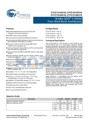 CY7C1313KV18-250BZC_12 datasheet - 18-Mbit QDR^ II SRAM Four-Word Burst Architecture