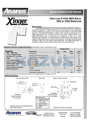 BD0810J50100A00 datasheet - Ultra Low Profile 0805 Balun 50Y to 100Y Balanced