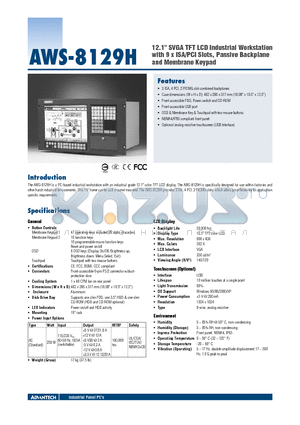 AWS-8129H datasheet - 12.1 SVGA TFT LCD Industrial Workstation with 9 x ISA/PCI Slots, Passive Backplane and Membrane Keypad