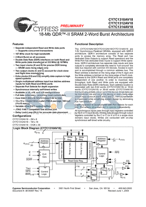 CY7C1314AV18 datasheet - 18-Mb QDR-II SRAM 2-Word Burst Architecture