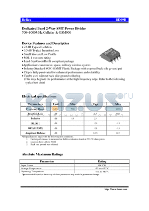 BD09B datasheet - Dedicated Band 2-Way SMT Power Divider 700~1000MHz Cellular & GSM900