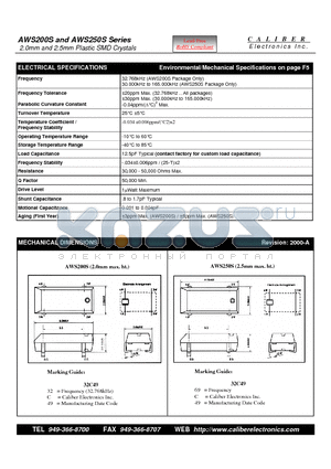 AWS250S datasheet - 2.0mm and 2.5mm Plastic SMD Crystals