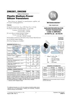 2N6387G datasheet - Plastic Medium−Power Silicon Transistors DARLINGTON NPN SILICON POWER TRANSISTORS 8 AND 10 AMPERES 65 WATTS, 60 − 80 VOLTS