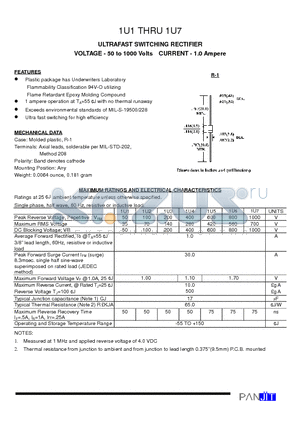 1U4 datasheet - ULTRAFAST SWITCHING RECTIFIER(VOLTAGE - 50 to 1000 Volts CURRENT - 1.0 Ampere)