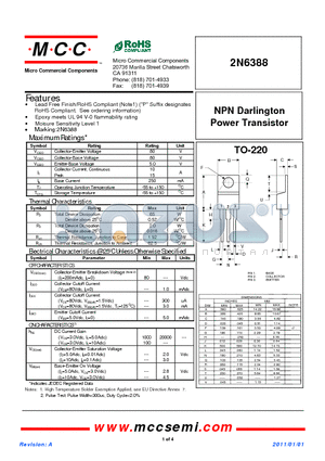 2N6388 datasheet - NPN Darlington Power Transistor