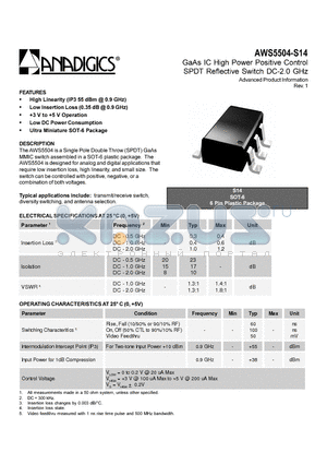 AWS5504-S14 datasheet - GaAs IC High Power Positive Control SPDT Reflective Switch DC-2.0 GHz