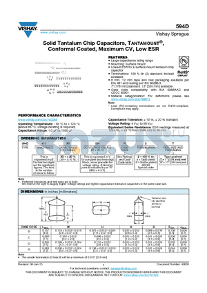 594D475X0050C2T datasheet - Solid Tantalum Chip Capacitors, TANTAMOUNT^, Conformal Coated, Maximum CV, Low ESR