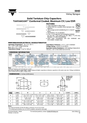 594D477X0004B2W datasheet - Solid Tantalum Chip Capacitors TANTAMOUNT^ Conformal Coated, Maximum CV, Low ESR