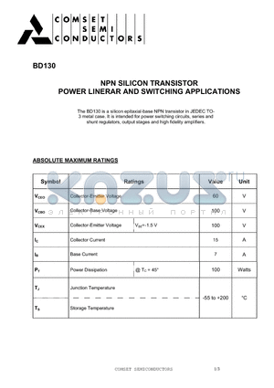 BD130 datasheet - NPN SILICON TRANSISTOR POWER LINERAR AND SWITCHING APPLICATIONS