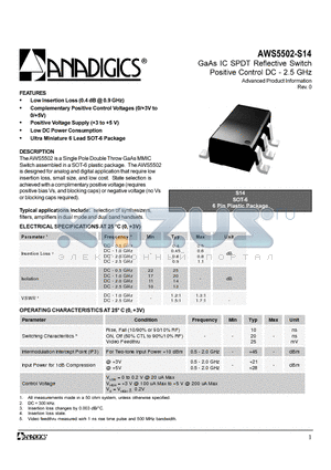 AWS5502-S14 datasheet - GaAs IC SPDT Reflective Switch Positive Control DC - 2.5 GHz