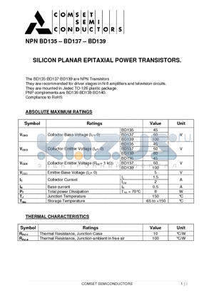 BD135 datasheet - SILICON PLANAR EPITAXIAL POWER TRANSISTORS