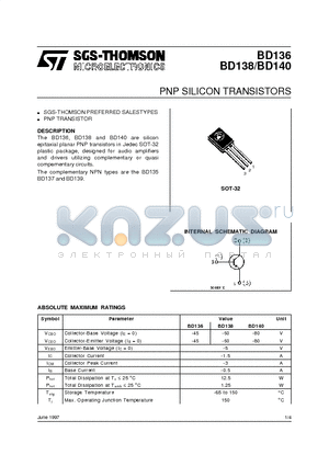 BD136 datasheet - PNP SILICON TRANSISTORS