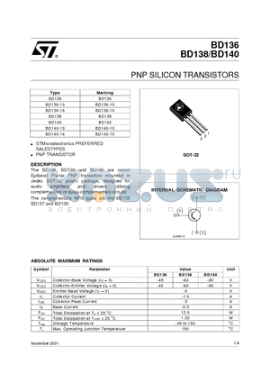 BD136 datasheet - PNP SILICON TRANSISTORS