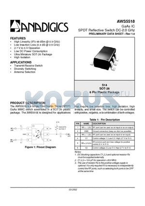 AWS5518 datasheet - GaAs IC SPDT Reflective Switch DC-2.0 GHz