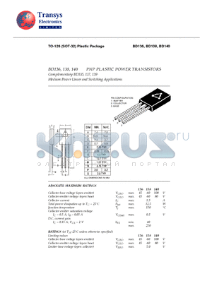 BD136 datasheet - PNP PLASTIC POWER TRANSISTORS